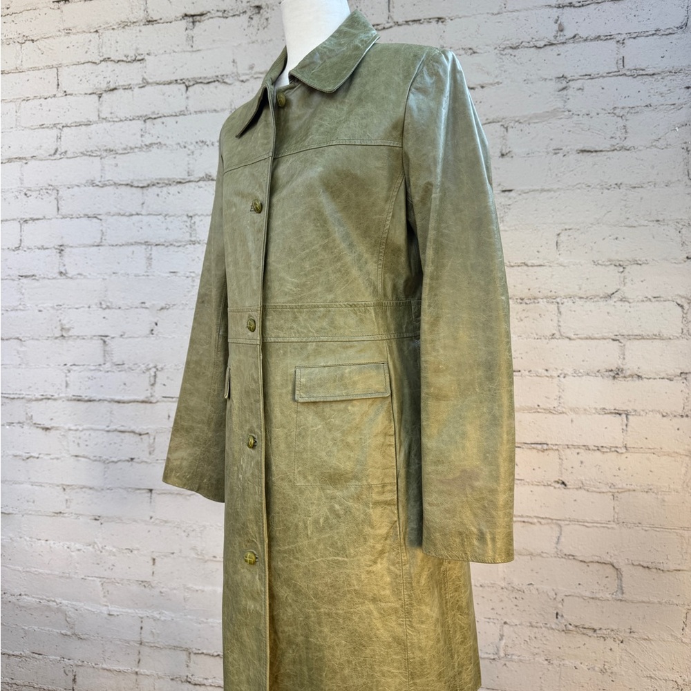 Vintage Pasha & Jo Leather Coat Olive Green Size M - Picture 6 of 14